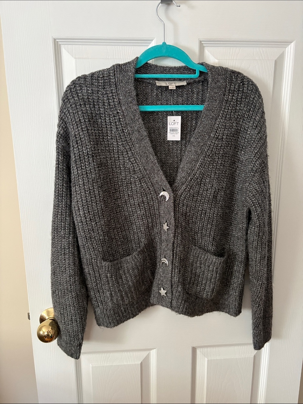 LOFT Charcoal Ribbed Button-Front Knit Cardigan with Moon & Star Buttons